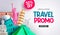 Travel promo vector banner design. Travel promo text in special offer discount with tourist destination elements for travelling.