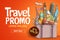 Travel promo vector banner template with world`s famous tourist landmarks