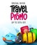 Travel promo vector design. Travel sale up to 30% off text special offer with travelling elements for international worldwide.