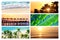 Travel and relax concept. Set of horizontal banners with palm, sand and ocean waves