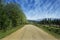 Travel road on the field with green grass and blue sky with clouds on the farm in beautiful summer sunny day. Clean, idyllic, land