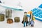 Travel saving and planing concept. couple people traveler miniature figure and stack of coins with airplane model and calculator