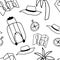 Travel seamless pattern in doodle style. Palm tree, hat, map, compass, suitcase. Abstract print. Black contour on a white