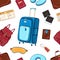 Travel seamless pattern with passenger luggage and equipment