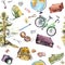 Travel seamless pattern with pine tree, tavel equipment - bicycle, photo camera, compass, suitcase, backpack. Watercolor