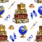 Travel seamless pattern with travel equipment - suitcase, globe, glasses, coffee. Watercolor tourist design.