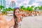 Travel selfie Asian tourist woman on vacation on South Beach resort hotel in Miami, Florida, USA holiday. Luxury