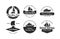 Travel service monochrome black stickers set vector illustration. Cruise tour nautical adventure