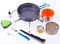 Travel set for eating. Tourist\'s dish kit. Various professional tools and items for outdoors cooking