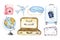 Travel set of icons with airplane, the globe, suitcase, sleep mask, camera, letters, mail, vacation and recreation