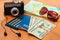 Travel set passport money blank notebook camera road map sunglasses calculator, headphones. Summer accessorie