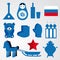 Travel set of various stylized russian icons black, blue, red illustration