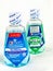 Travel Size Bottles of Crest Pro-Health Mouthwash and Scope on a White Backdrop