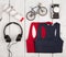 Travel and sport concept - bicycle model, shirts, headphones, c