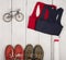 Travel and sport concept - bicycle model, shoes, shirts, bottle
