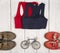 Travel and sport concept - bicycle model, shoes, shirts, bottle