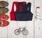 Travel and sport concept - bicycle model, shoes, shirts, bottle