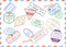 Travel Stamps Set on Mail Envelopes Background. Vector