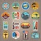 Travel stickers. Vacation badges or logos for travelers vector retro pictures