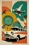 Travel in style, vintage old-fashioned half tone color poster, AI generative