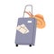 Travel suitcase, beach hat and air tickets. Spinner wheel luggage and summer sunhat. Modern touristic baggage for