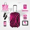 Travel suitcase with set of icons, pink zebra