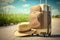 Travel Suitcase With Wheels and Hat in Grassy Province Background - Generative AI