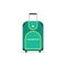 Travel suitcase on wheels with telescopic handle. Tourist luggage. Big cloth bag for journey. Traveler baggage. Flat vector icon