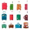 Travel suitcases. Backpacks, bags, plastic or metal open suitcase with wheels. Cartoon tourist baggage with sticker