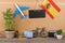 Travel time - blank blackboard, flag of the Spain, airplane model, camera, bicycle