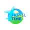 Travel Time Emblem with Airplane over Earth Landscape. Icon for Traveling Agency Service or Mobile Phone Application