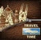 Travel Time invitation card with zipper and city monuments, vector