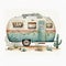 Travel in Time, Vintage Camper Travel Home Watercolor Illustration, Isolated on White Background - Generative AI