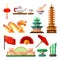 Travel to Asia, China icons and isolated design elements set. Vector Chinese culture symbols, landmarks and food