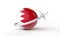 Travel to Bahrain concept. Airplane flying around flag. 3D Rendering.