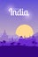 Travel to Delhi, India and Asia. Mountain sunset landscape with architectural landmarks, Buddha, elephants and palm tree. Concept