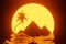 Travel to Egypt Concept. 80s Styled landscape with Pyramids, Palm, Sun and Red Sea. 3d Rendering