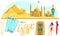 Travel to Egypt vector illustration, cartoon flat pharaoh mummy, statue of Ra god and sphinx, ancient museum pyramid and