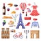 Travel to France design elements. Paris tourist landmarks, fashion and food illustration. Vector cartoon isolated icons