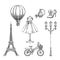 Travel to France hand drawn isolated design elements. Paris sketch vector illustration