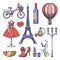 Travel to France hand drawn isolated icons and design elements. Vector color sketch illustration