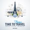 Travel to France. Time to Travel. Banner with airplane and hand-draw doodles on the background. Vector Illustration.