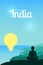 Travel to India and Asia. Vector illustration of a meditating woman and mountain ranges, sun and sea. Tourist on top of a hill in