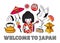 Travel to Japan banner. Kawaii japanese geisha with shamisen, crane, umbrella and sushi.