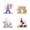 Travel to Paris vector flat illustration. City symbols, landmarks and food. France icons and design elements