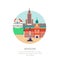 Travel to Poland vector flat illustration. Warsaw city symbols and touristic landmarks. City building icons