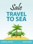 Travel to Sea, Tropical Vacation Flyer template design with Cartoon Illustration. Island with beach and Palms.