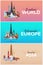 Travel to World. Airplane with Attractions. Set of Travel banners. Flat style.