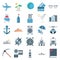 Travel and Tour Color Vector Isolated Icons Consists with airplane, palm tree, beach, food trolley, glasses, church, book,