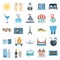 Travel and Tour Color Vector Isolated Icons Consists with sun, flip flop, ladder, shop, taxi, Calendar, bus, fins, diving, ale, d